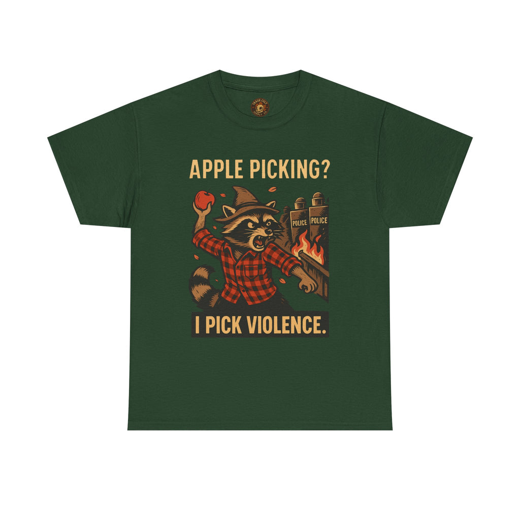 Apple Picking? I Pick Violence Shirt – Angry Raccoon Riot Tee – Fall of Humanity Collection – Trash Cult Supply Co.