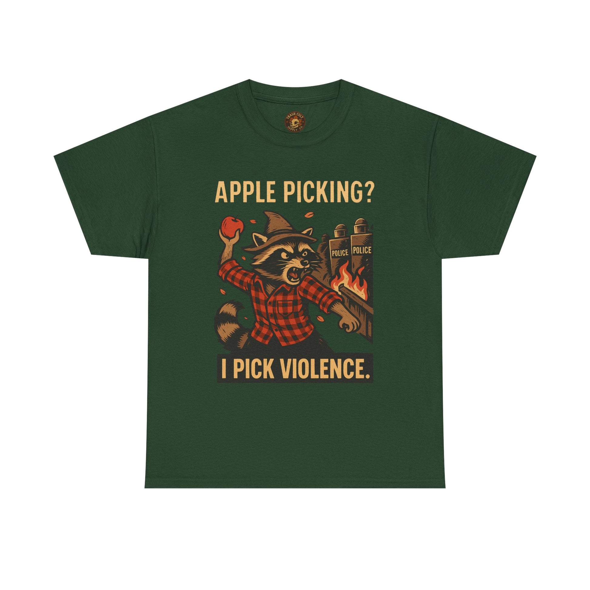 Apple Picking? I Pick Violence Shirt – Angry Raccoon Riot Tee – Fall of Humanity Collection – Trash Cult Supply Co.