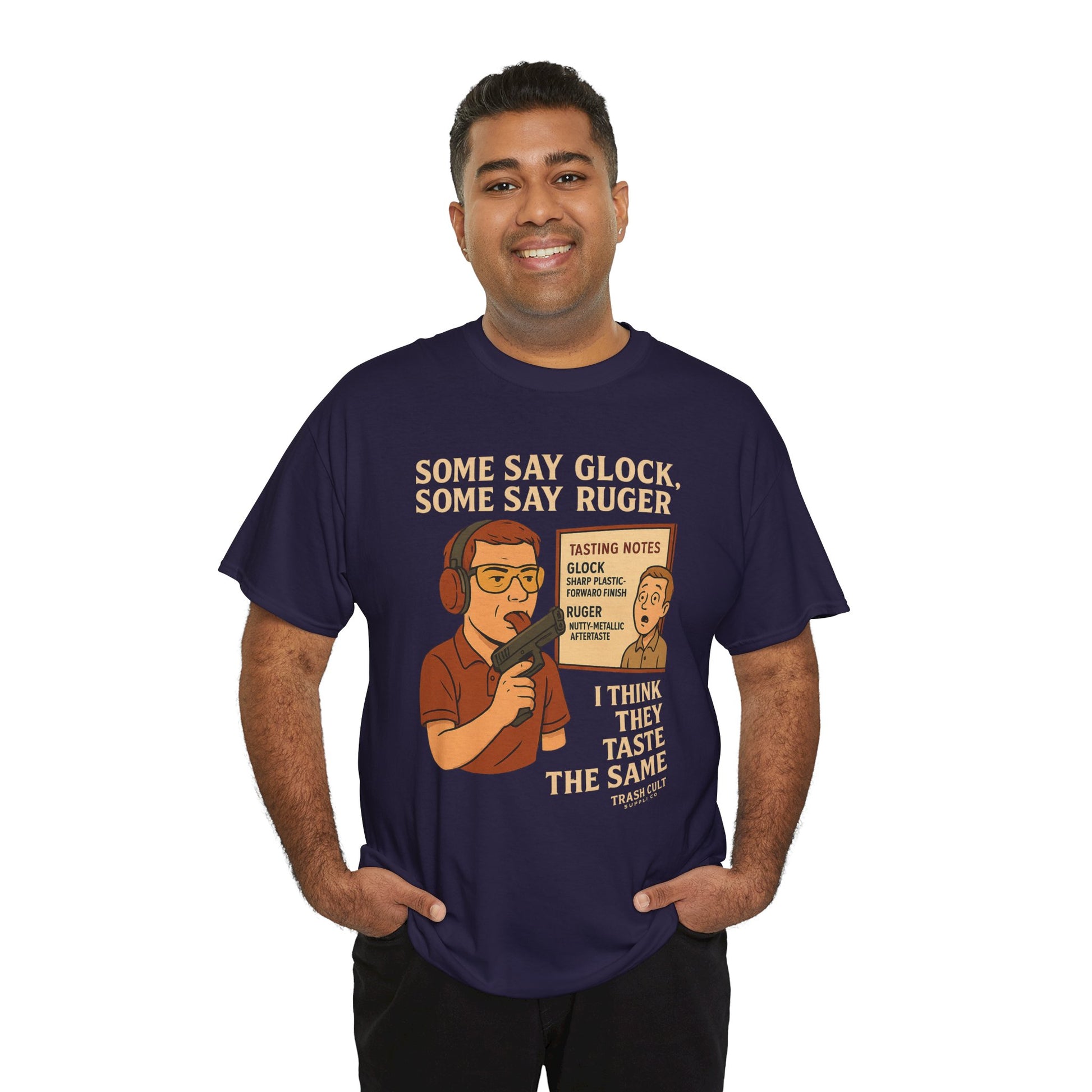 Glock vs Ruger Mouthfeel Shirt – Funny Gun Show Parody Tee | Dark Humor Firearm Tasting Notes Shirt
