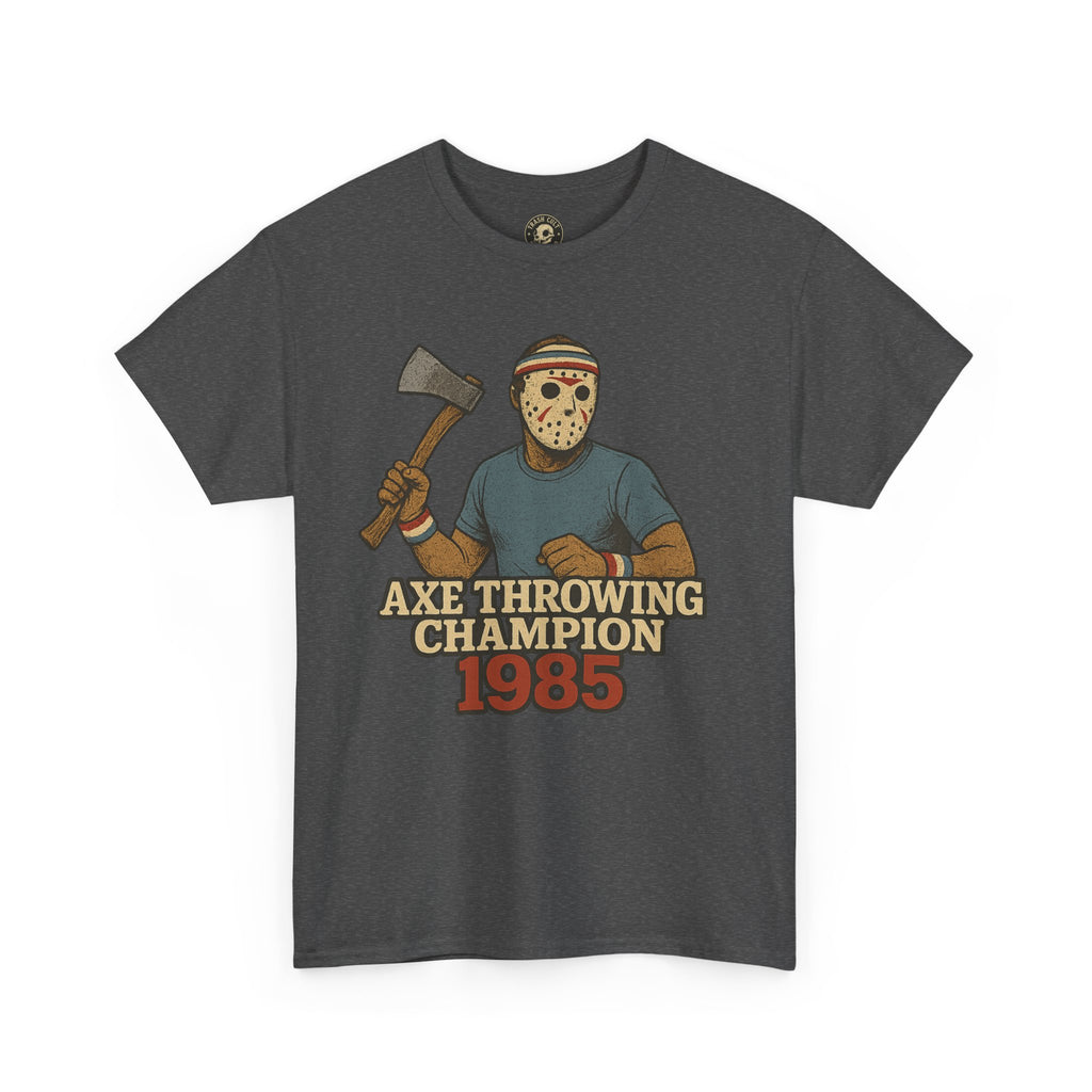Jason Voorhees Axe Throwing Champion 1985 T-Shirt – Retro Slasher Workout Parody | Gildan 5000 Tee