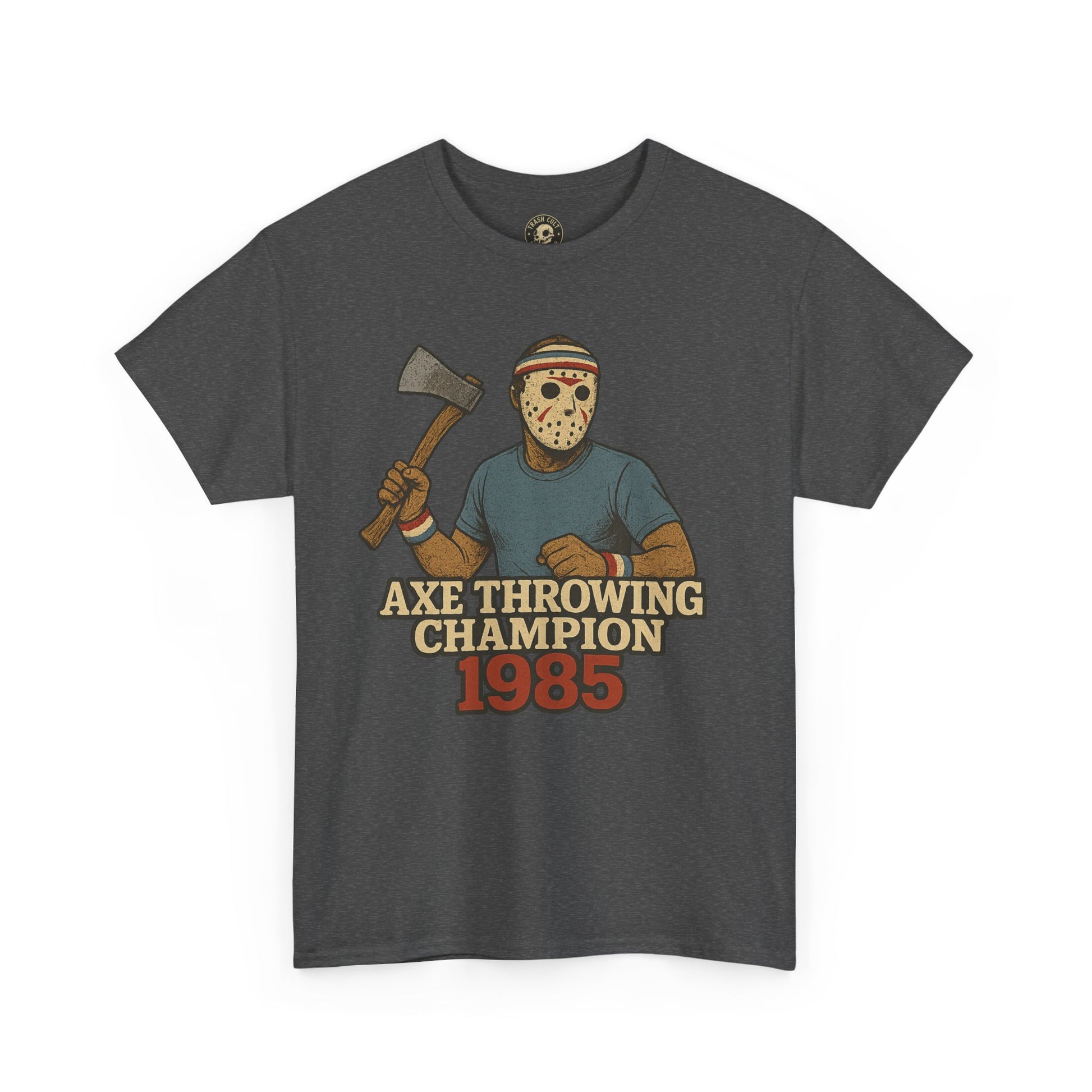 Jason Voorhees Axe Throwing Champion 1985 T-Shirt – Retro Slasher Workout Parody | Gildan 5000 Tee