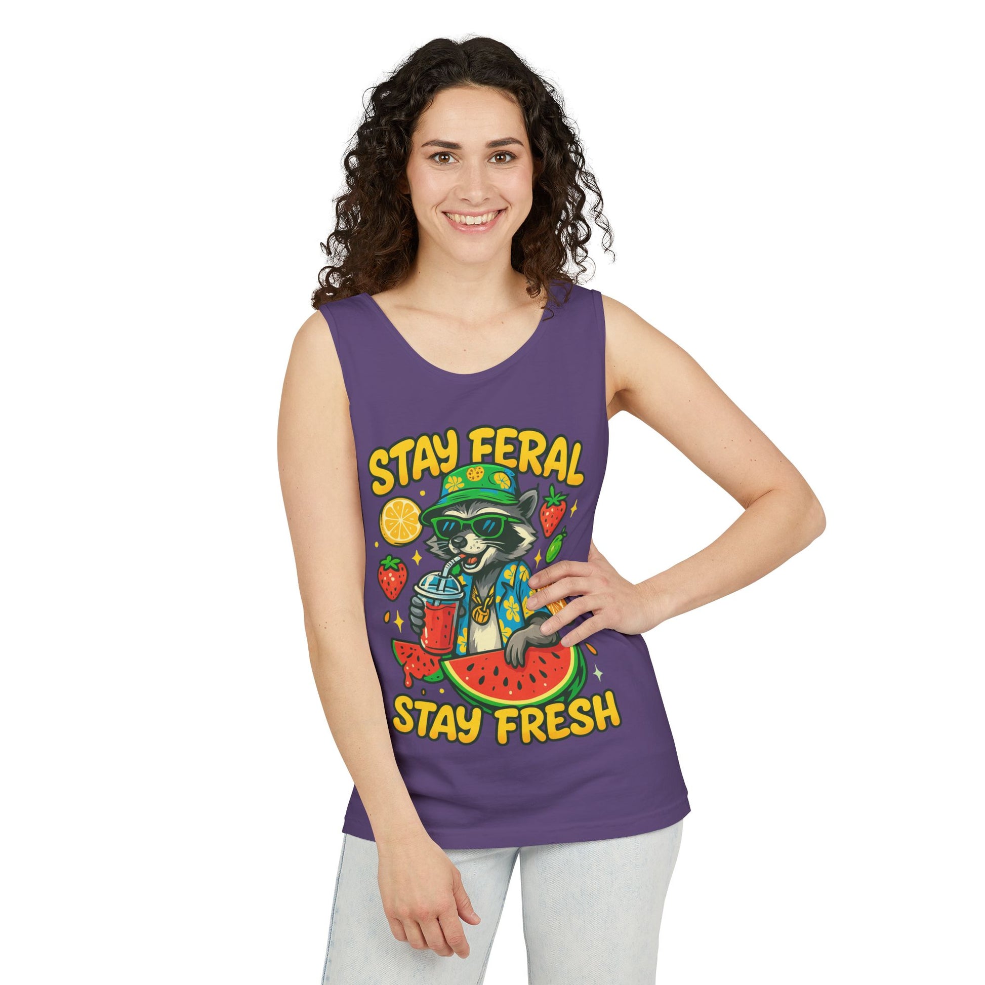 Stay Feral Stay Fresh Tank Top, Summer Apparel, Unisex Graphic Tee, Beachwear, Fun Gift for Animal Lovers