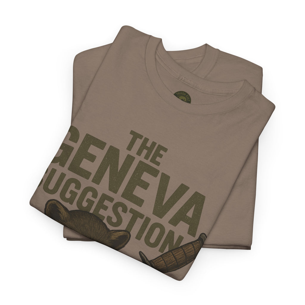 The Geneva Suggestion T-Shirt – Tactical Raccoon Dark Humor Tee | Trash Cult Supply Co. | Gildan 5000