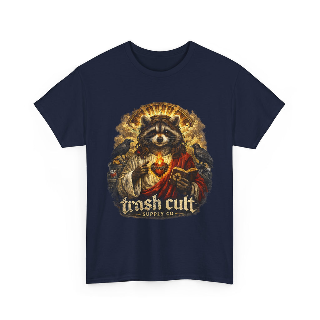 Raccoon Saint Graphic Tee — “Trash Cult” Vintage Devotional Design