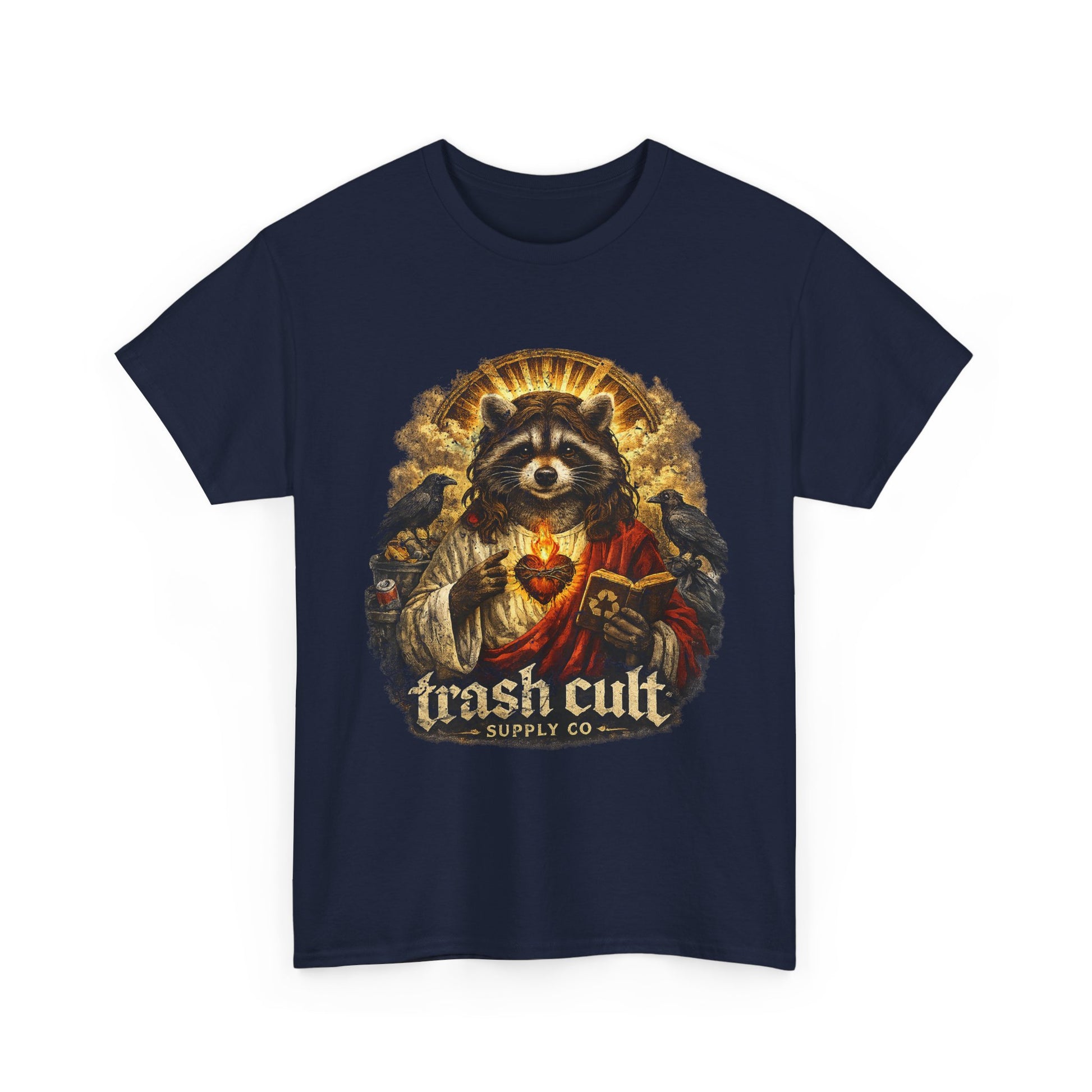 Raccoon Saint Graphic Tee — “Trash Cult” Vintage Devotional Design