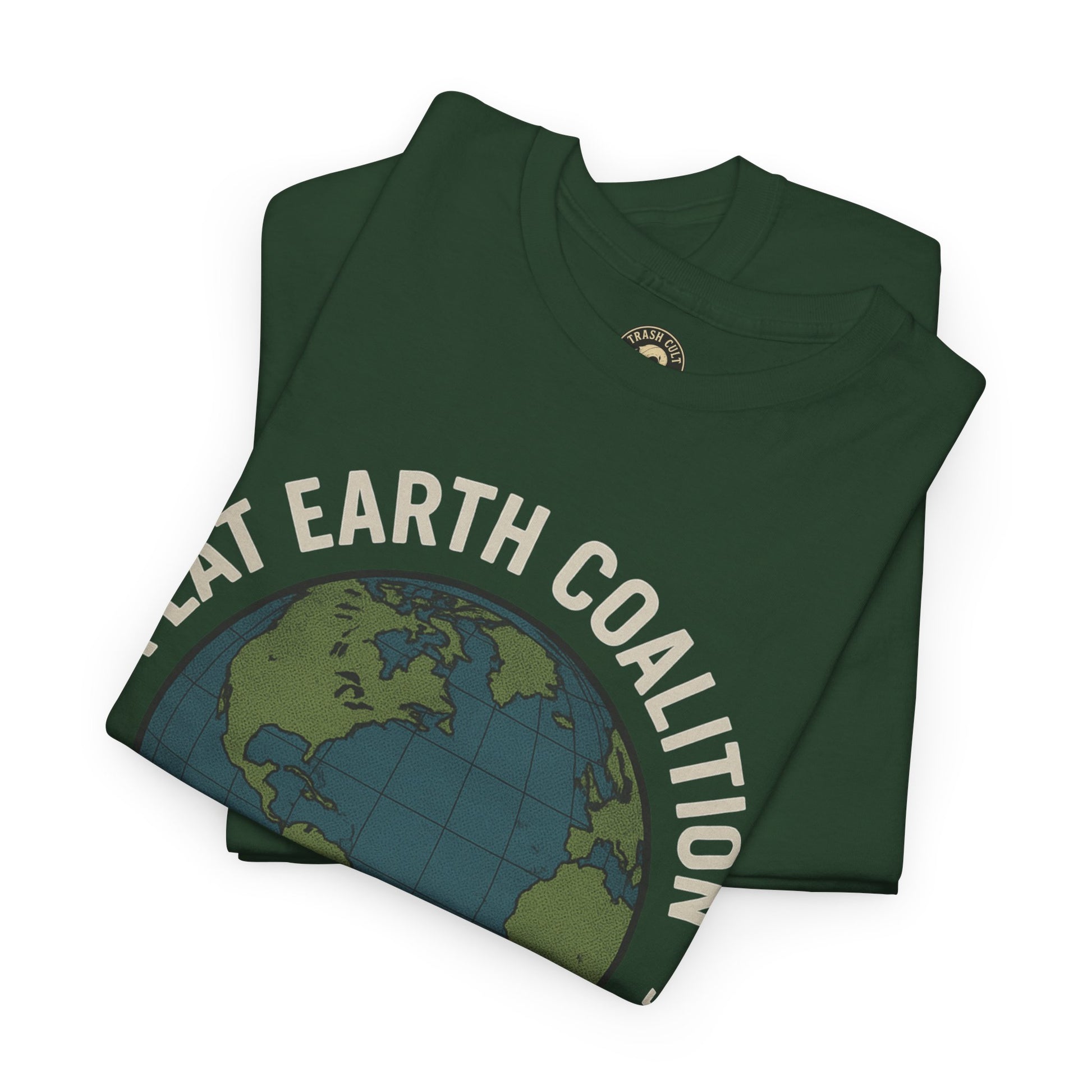 Flat Earth Coalition Funny Globe Parody Shirt – “Members From Around the Globe” Tee – Satirical Conspiracy Theory Humor Tee
