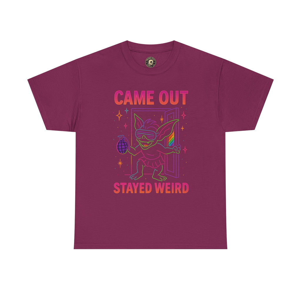 Came Out, Stayed Weird – Neon Gremlin Pride T-Shirt | Gildan Unisex Heavy Cotton Tee | LGBTQ+ Graphic Shirt