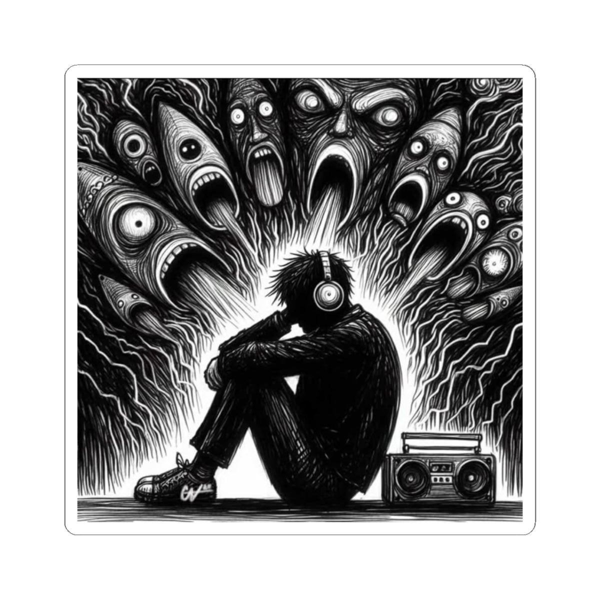 Xian Allen x Trash Cult Sticker – “Turn It Up Louder” | Screaming Faces Audio Overload Decal