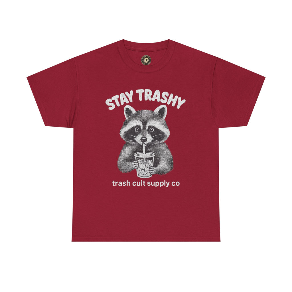 Stay Trashy Raccoon Iced Coffee Shirt – Halftone All White Design | Trash Cult Supply Co.