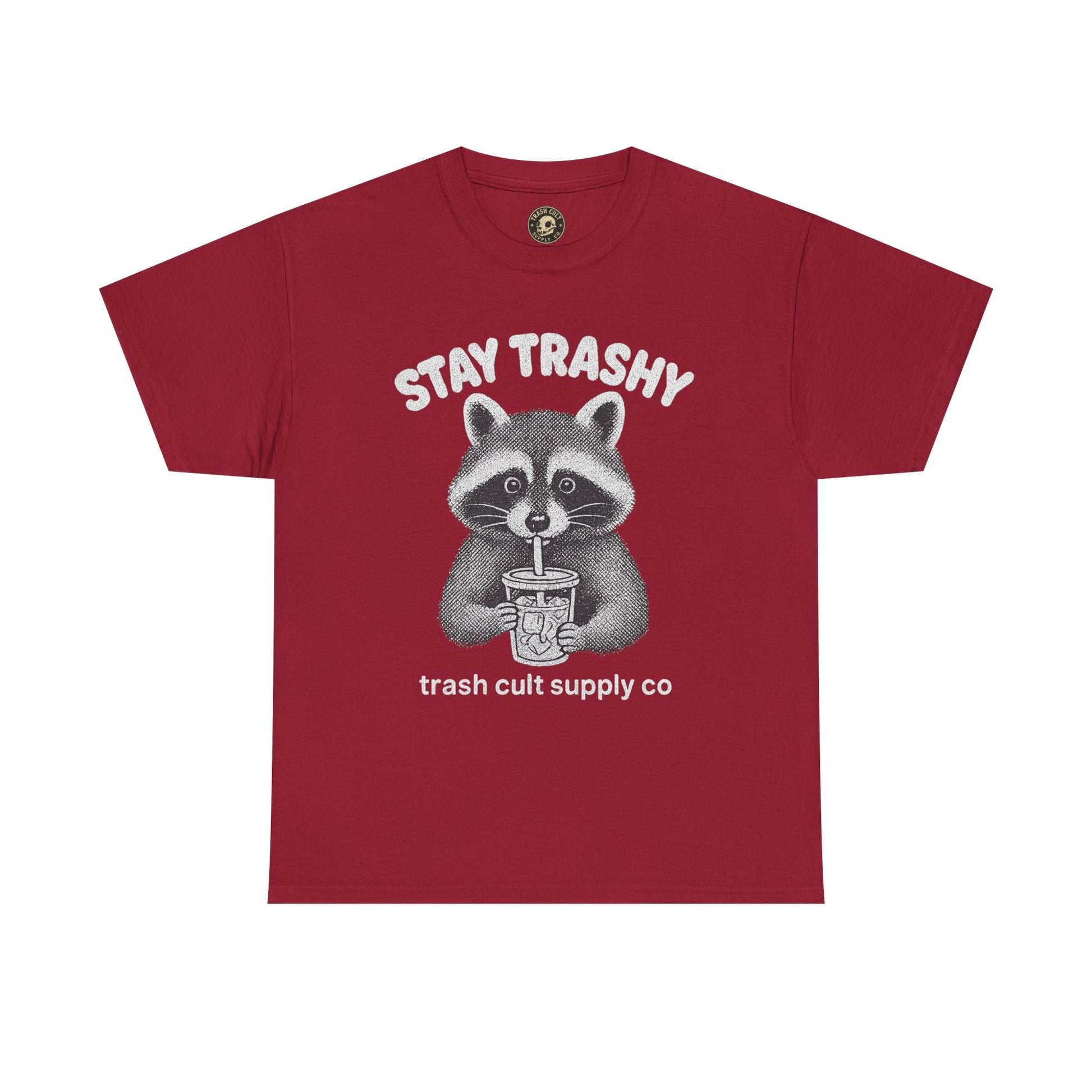 Stay Trashy Raccoon Iced Coffee Shirt – Halftone All White Design | Trash Cult Supply Co.