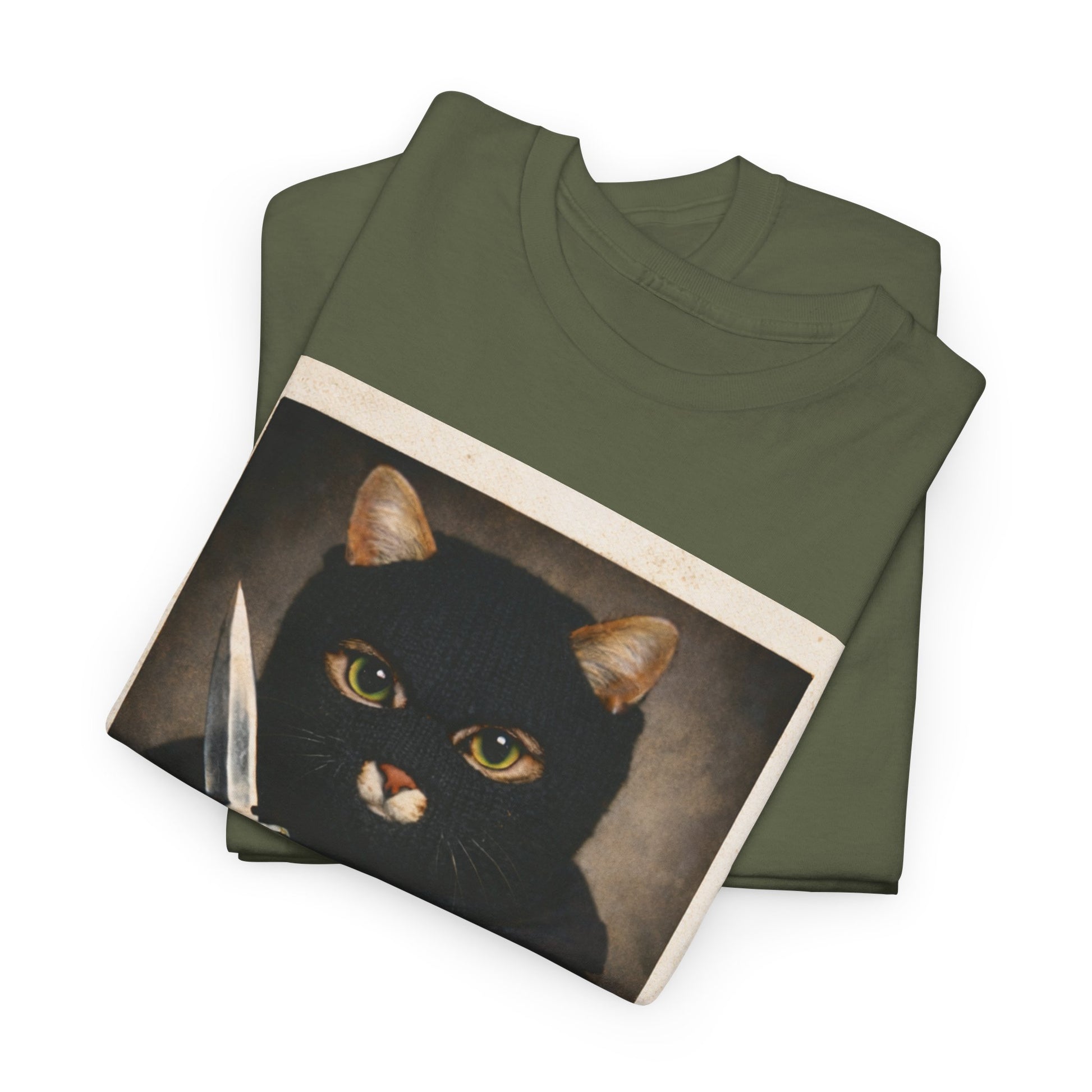 Cat With Knife Tee — "Mittens" Dark Humor Vintage Polaroid Graphic T-Shirt