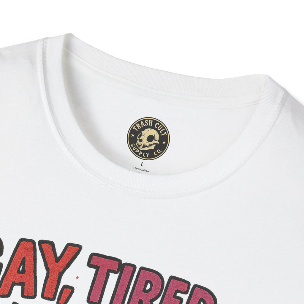 Gay, Tired, and Full of Crimes Raccoon Pride T-Shirt – Gildan Softstyle Unisex Tee