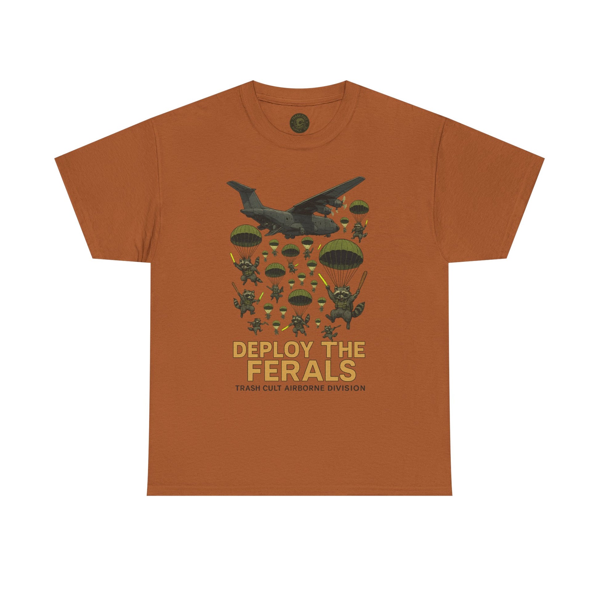 Deploy the Ferals T-Shirt – Airborne Raccoon Drop Graphic | Trash Cult Supply Co. | Gildan 5000 Heavy Cotton Tee