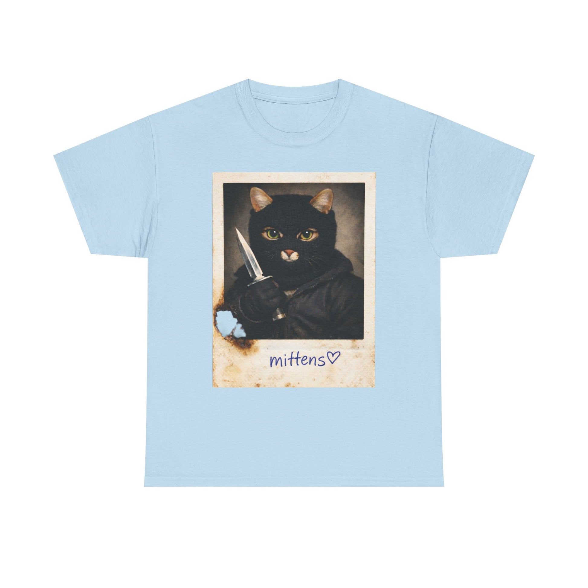 Cat With Knife Tee — "Mittens" Dark Humor Vintage Polaroid Graphic T-Shirt