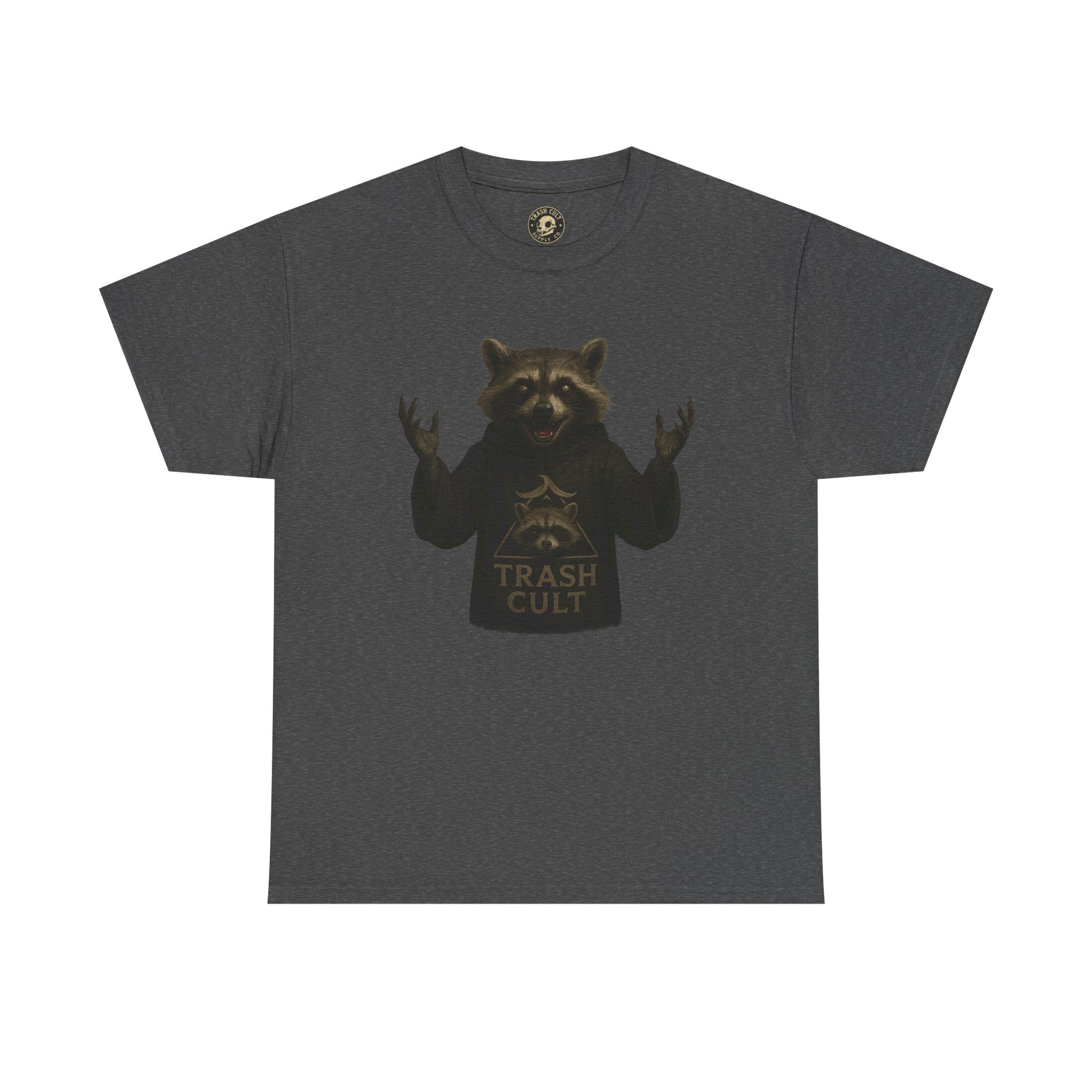 Raccoon Cult Leader Shirt – Trash Cult Unhinged Mascot Tee for Dark Fabrics | Gildan 5000