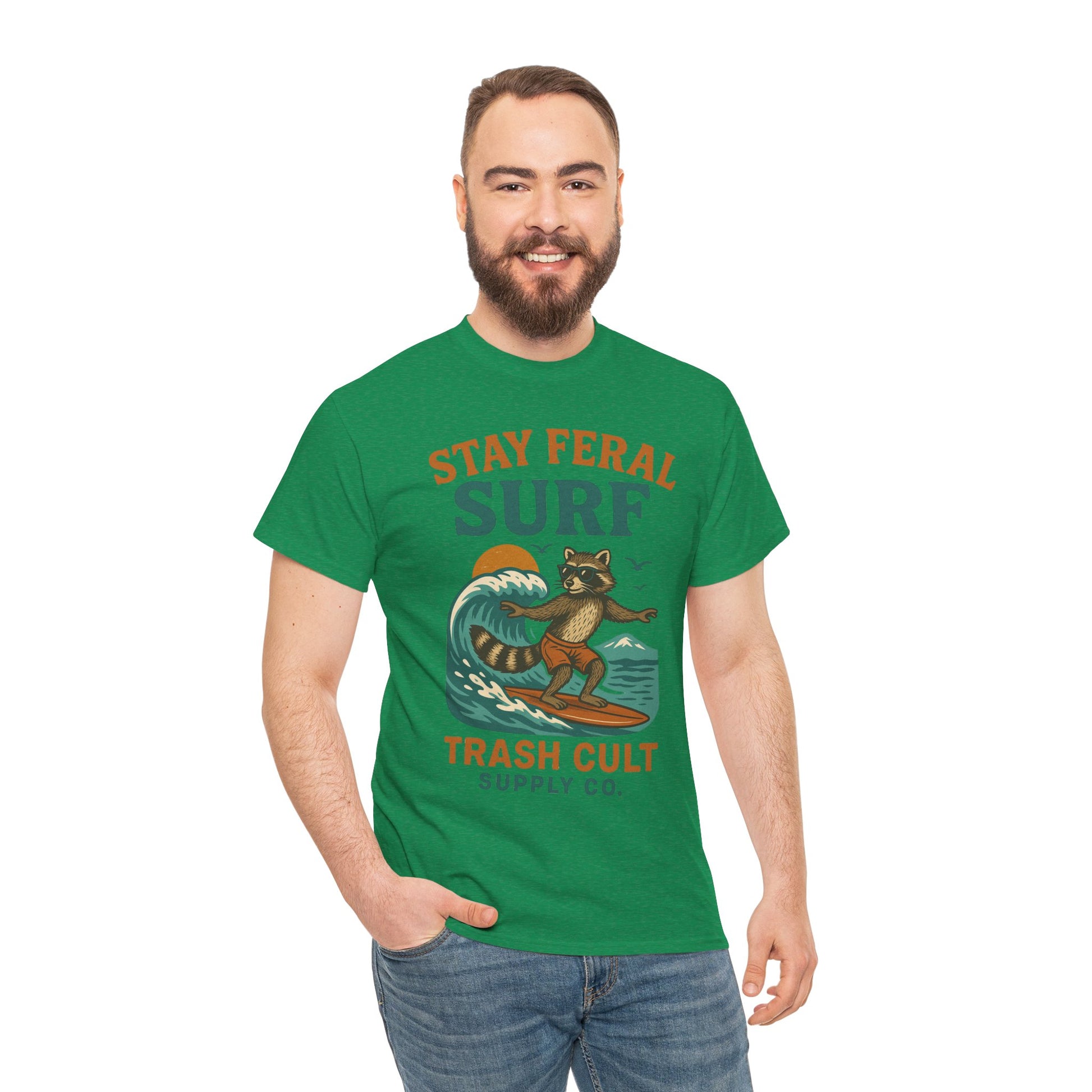 Stay Feral Surf Shirt – Retro Raccoon Beach Tee – Trash Cult Supply Co – Gildan 5000