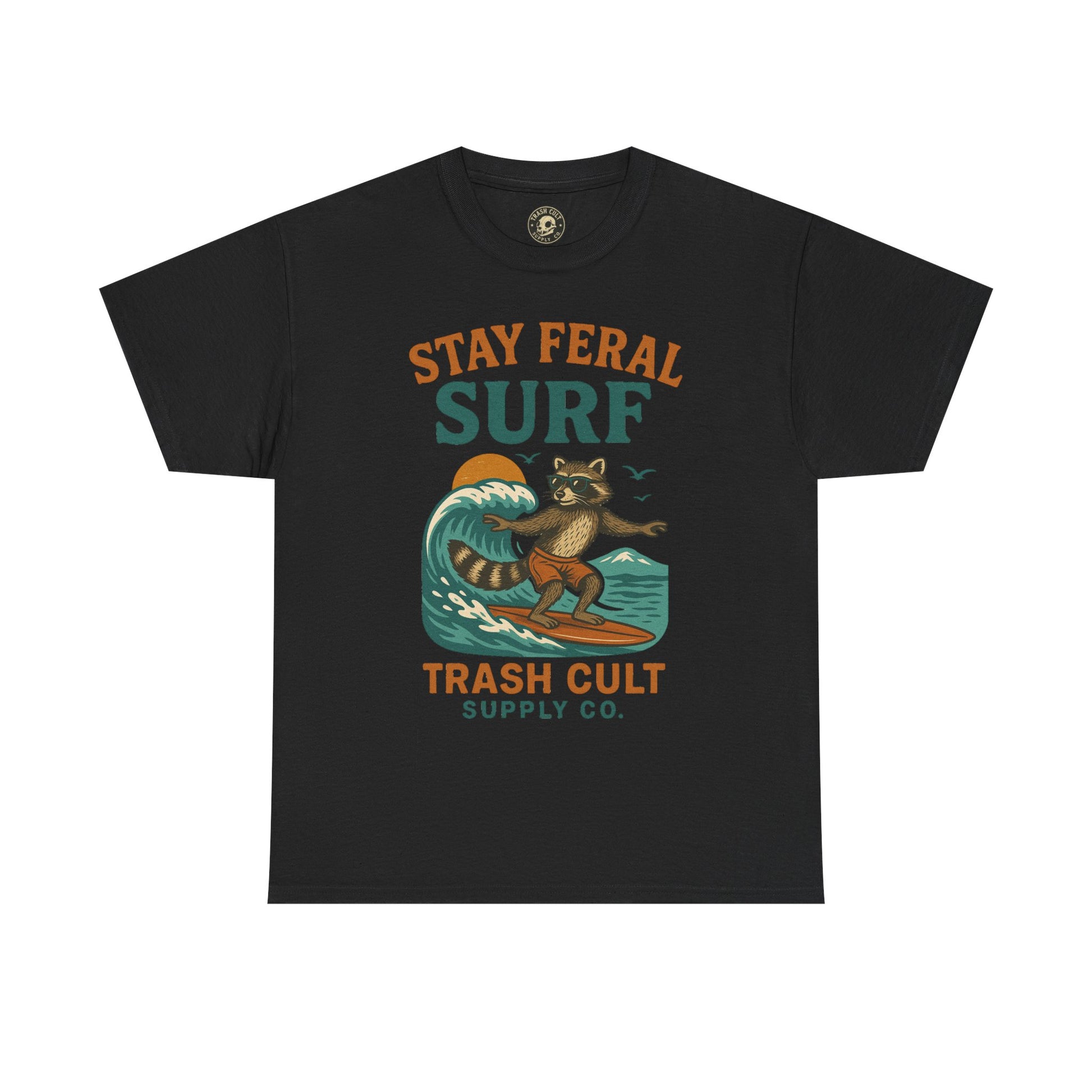 Stay Feral Surf Shirt – Retro Raccoon Beach Tee – Trash Cult Supply Co – Gildan 5000