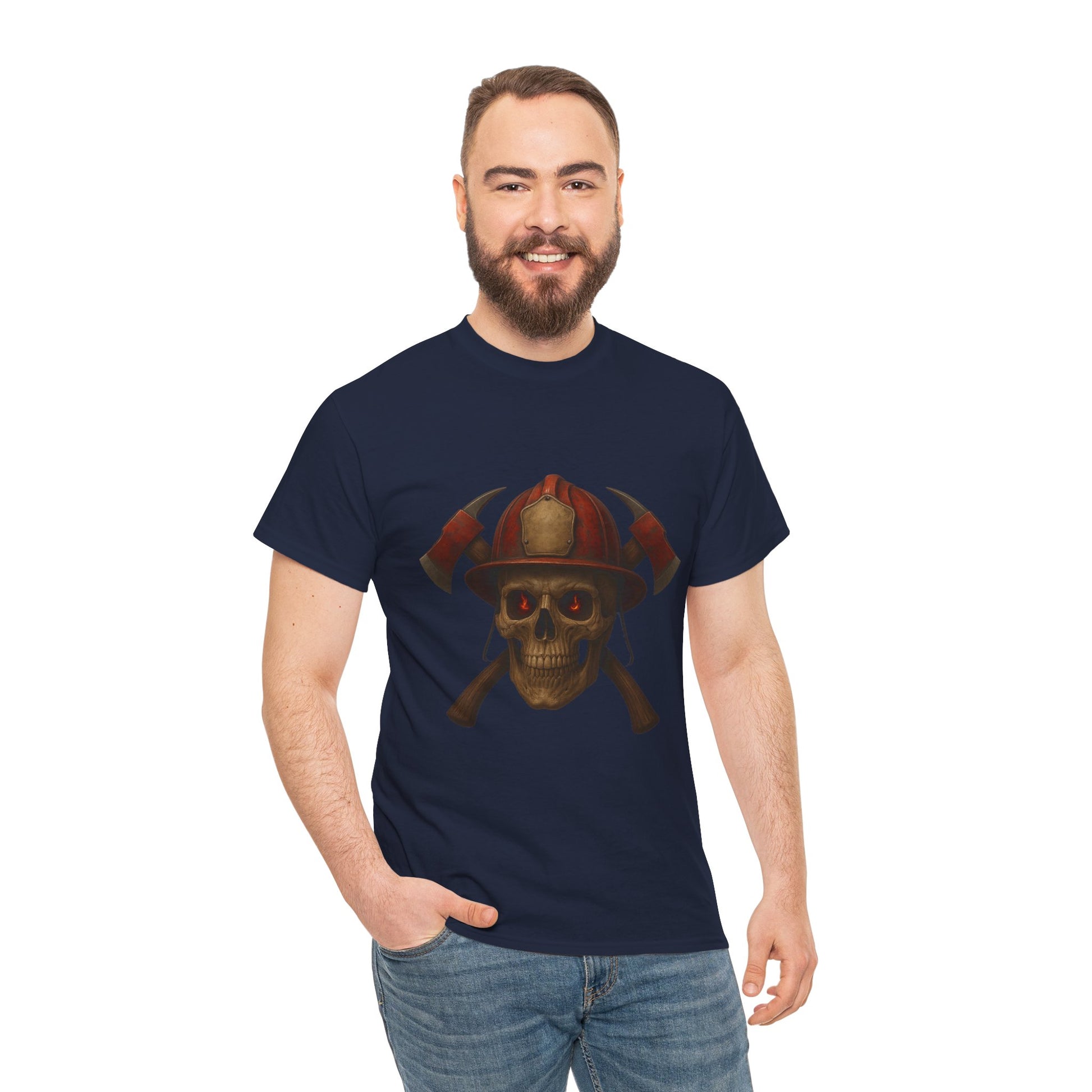 Skull Firefighter Tee, Unisex Heavy Cotton Shirt, Firefighter Gift, Halloween Costume T-Shirt, Unique Graphic Tee, Casual Wear