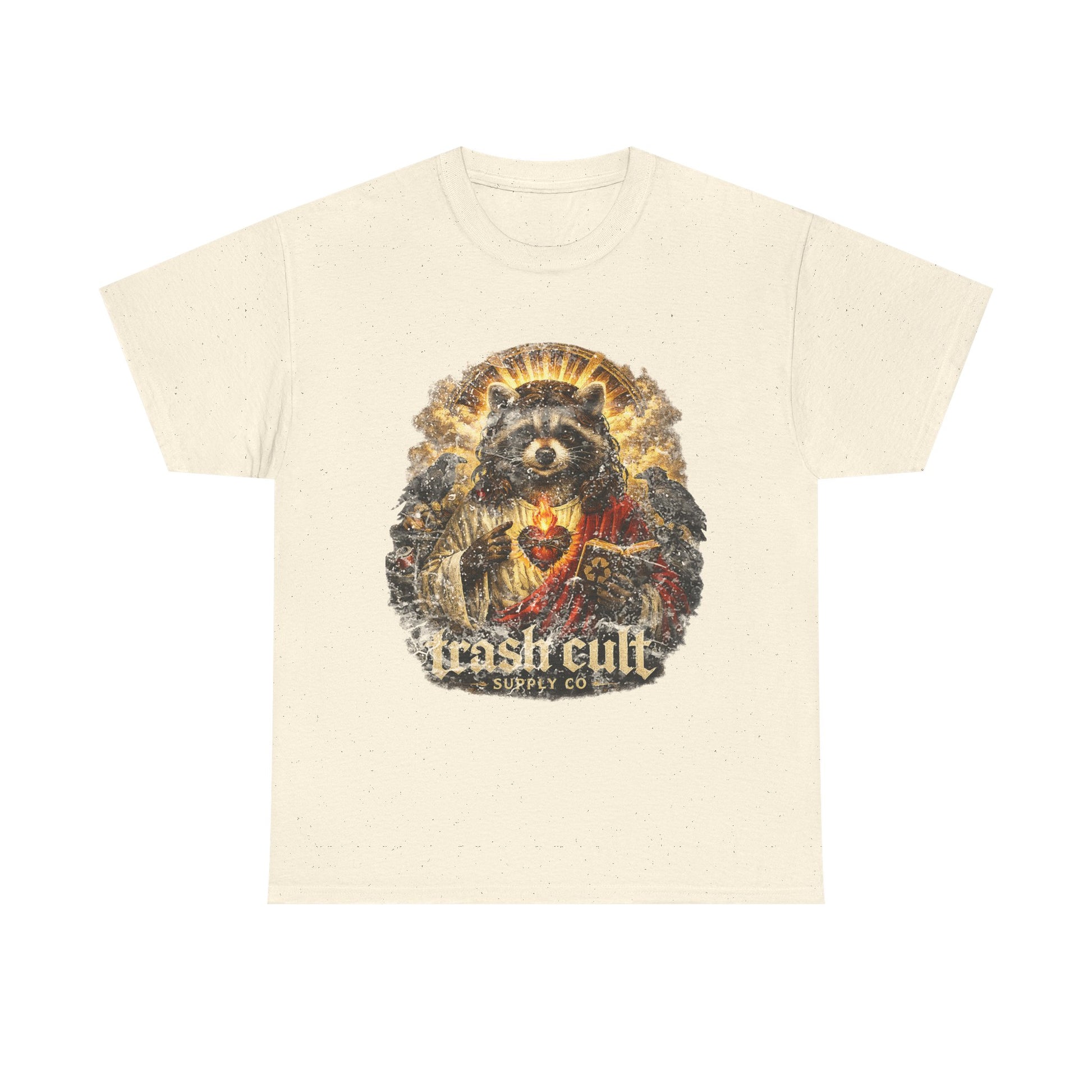 Raccoon Saint Graphic Tee — “Trash Cult” Vintage Devotional Design