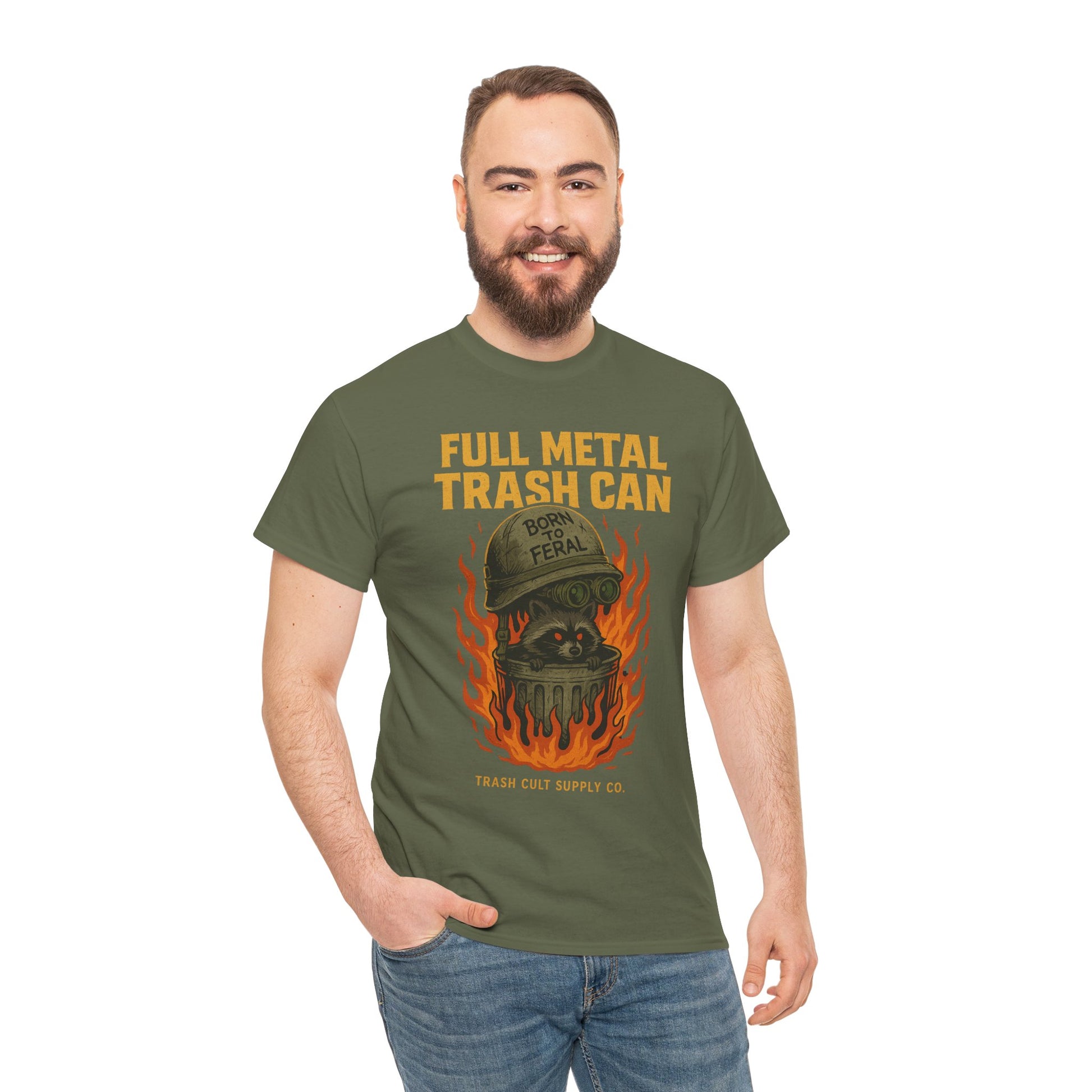 Full Metal Trash Can T-Shirt – Born to Feral Raccoon Graphic | Trash Cult Supply Co. | Gildan 5000 Tee