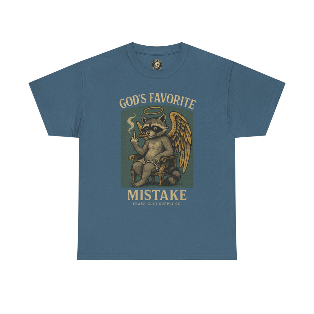 God’s Favorite Mistake Shirt – Raccoon Angel Flipping the Bird by Trash Cult Supply Co.
