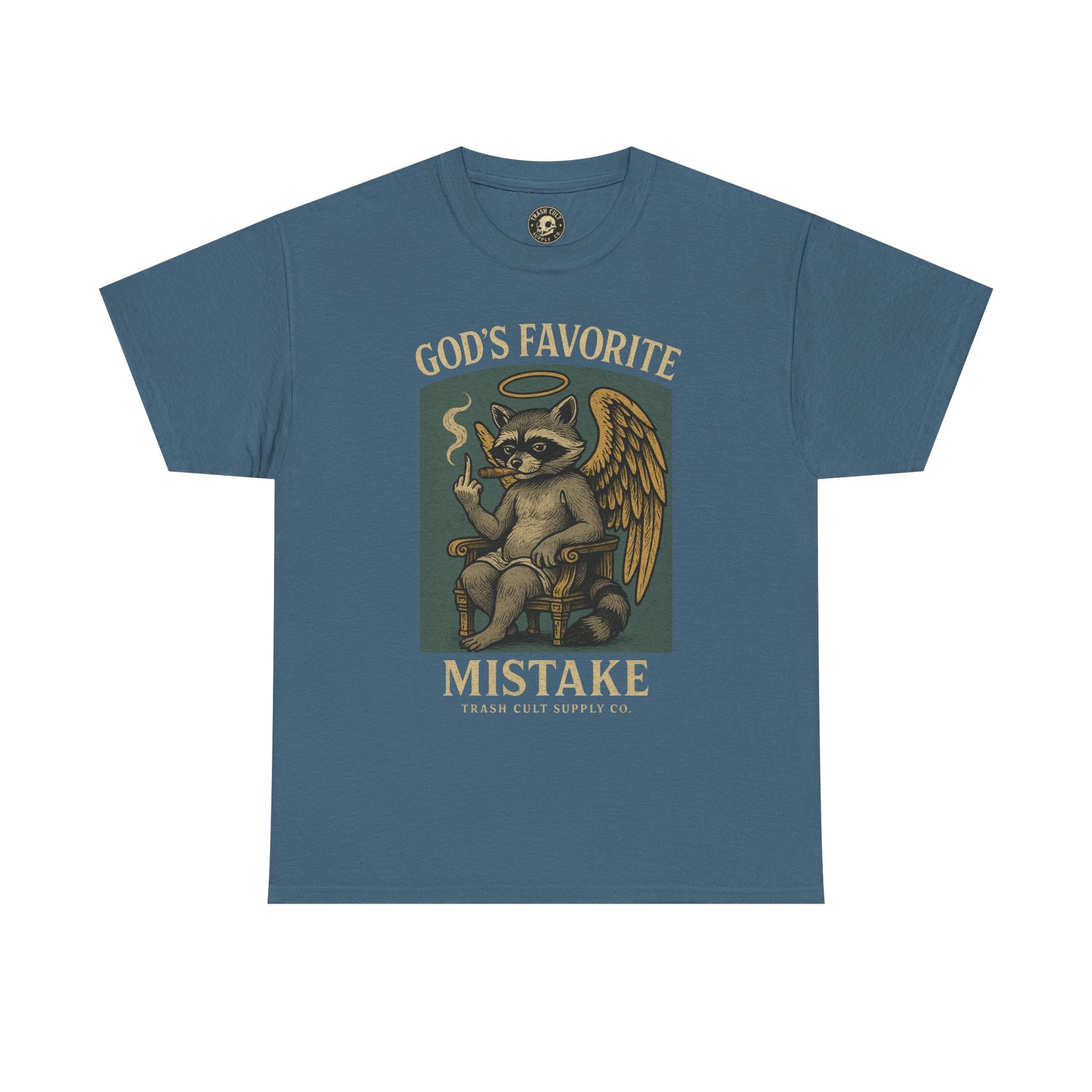 God’s Favorite Mistake Shirt – Raccoon Angel Flipping the Bird by Trash Cult Supply Co.