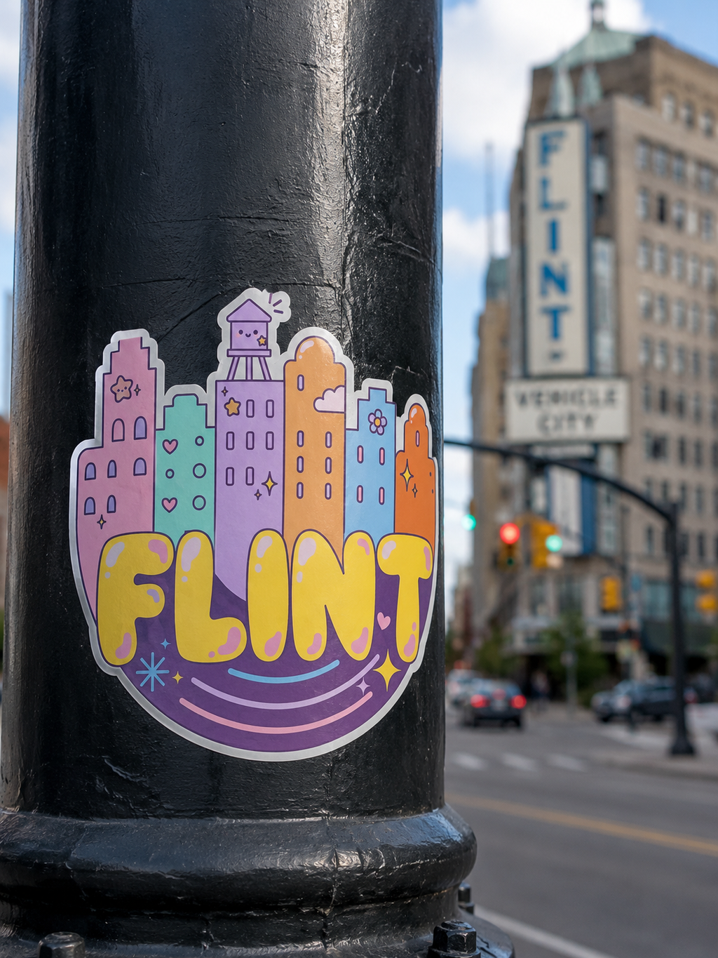 Flint City Skyline Kiss-Cut Sticker — Cute Pastel Laptop Sticker