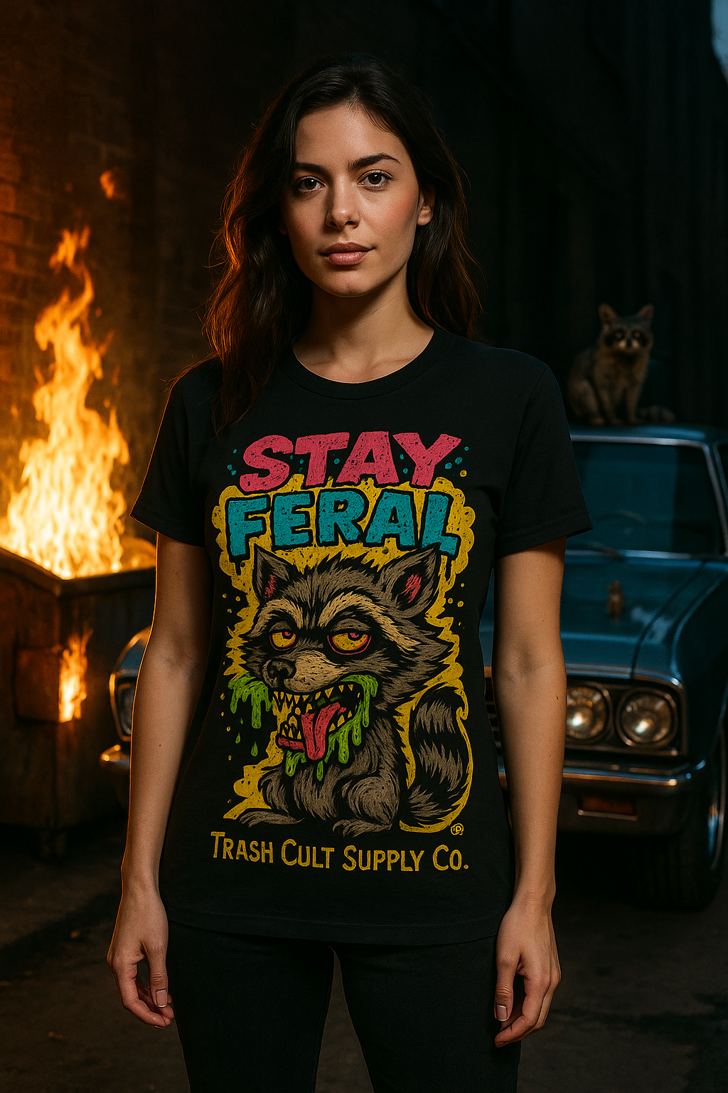 Stay Feral Raccoon Lowbrow Tee – Trash Cult Supply Co. | Gildan 5000