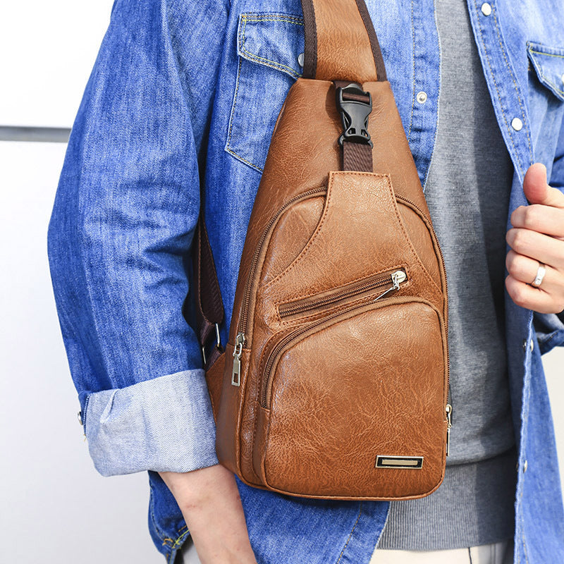 Men’s PU Leather Chest Bag – Vintage Sling Crossbody Pack with Phone Pocket – Casual Medium Shoulder Bag